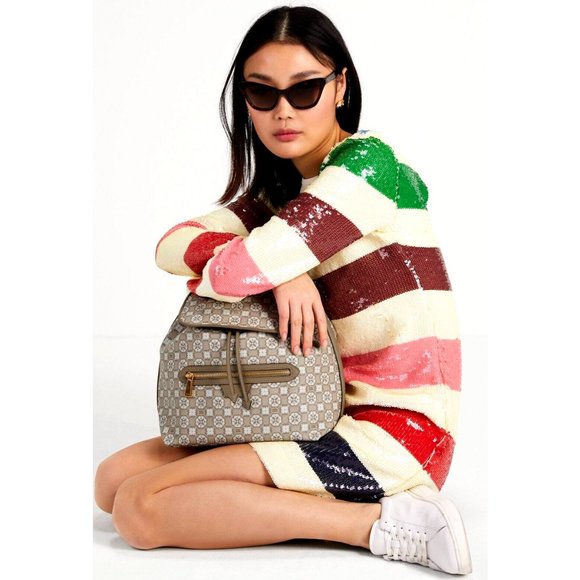 New Kate Spade Flower Monogram Coated Canvas Medium Backpack Natural Multi - Picture 5 of 5